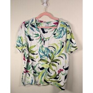Chico's Womens Size 3 (XL) Knit Floral Tropical V-Neck Short Sleeve T-Shirt